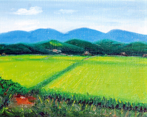 新緑の田んぼ 福島県川内村 絵画 art32m-kギャラリ発想力教育研究所