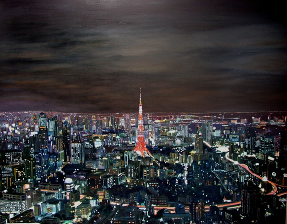 絵画 287 油絵/風景/東京の街景/東京湾/台場より/M12号 世界の夜景シリーズ 東京2007 油彩 P100号 絵画 art32m-k