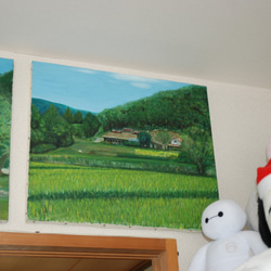 新緑の田んぼ　福島県川内村油絵の写真　2Ｌ判　ホワイトシルバーライン写真額入り　 4枚目の画像