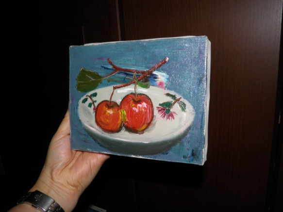 油絵　姫りんごB　Ｆ0号     額なしキャンバスのみ 1枚目の画像