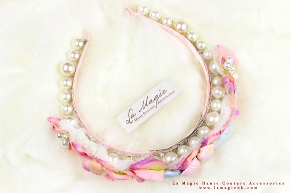 日本の絹ピンクシェル真珠のヘアバンド 5枚目の画像