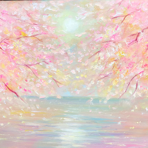 油絵 原画 オリジナル 「桜と海」 送料無料 絵画 Masako's