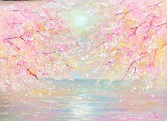 油絵 原画 オリジナル 「桜と海」 送料無料 絵画 Masako's