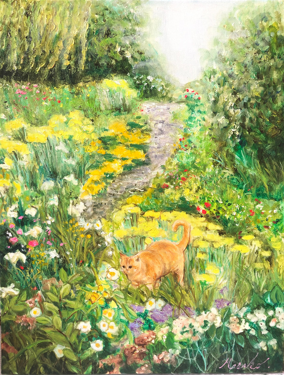 油絵　原画　オリジナル「猫と庭」　　　送料無料　　 2枚目の画像