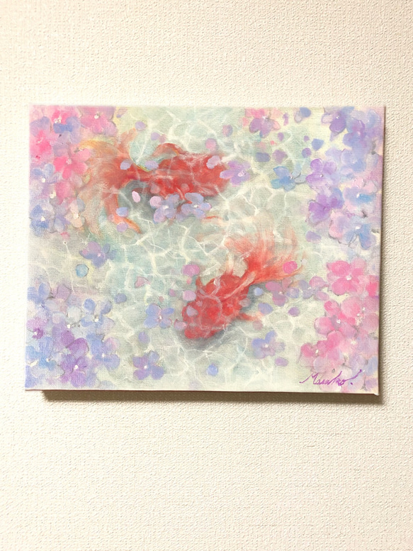 油絵 原画 オリジナル 「金魚と紫陽花」 送料無料 絵画 Masako's