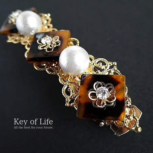 髪留め　未使用　張鼈甲　金箔入り　豪華　バレッタ　髪飾り　和洋折衷　着物 Key of Life▶︎髪飾り/バレッタ べっ甲×コットンパール 透かし