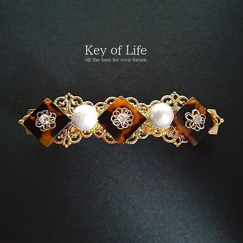 髪留め　未使用　張鼈甲　金箔入り　豪華　バレッタ　髪飾り　和洋折衷　着物 Key of Life▶︎髪飾り/バレッタ べっ甲×コットンパール 透かし