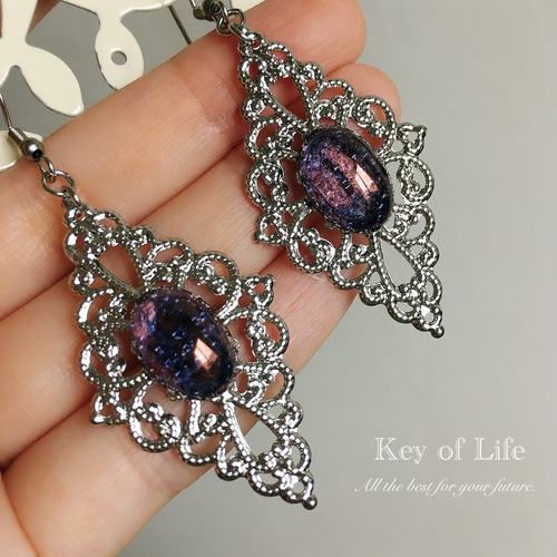 826 再販 シルバー ネイビー チェーン ハンドメイド ピアス イヤリング