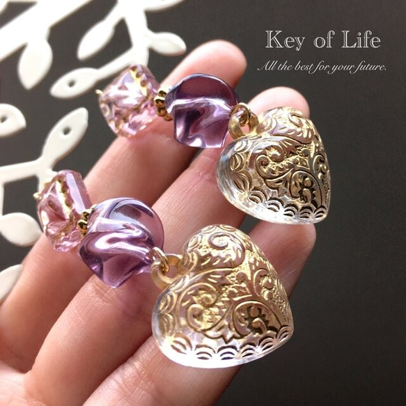 Key of Life♡大ぶりクリアハート×イタリア製パープル♡金属アレルギー 