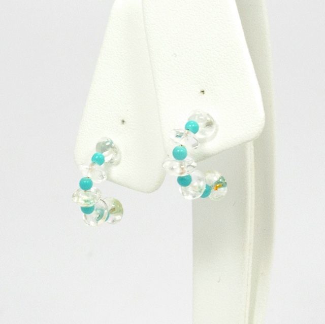 18金 YG 水晶 シンセチックターコイズ セミサークル ピアス 一点もの ps099