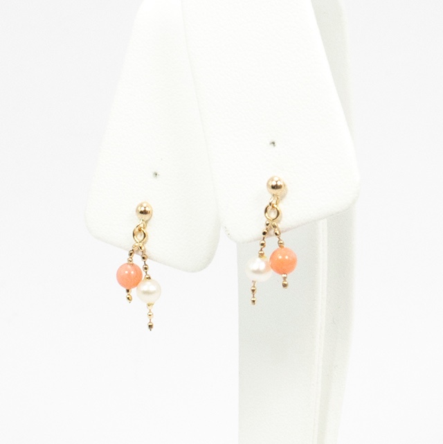 18金 コーラル 淡水パール ゴールド チェーン ピアス 81519-171