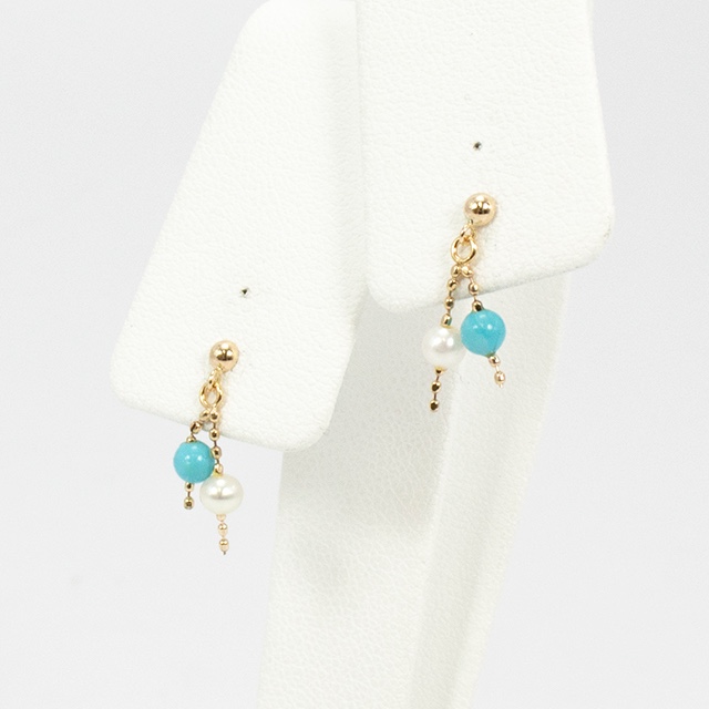 18金 シンセチックターコイズ 淡水パール ゴールド チェーン ピアス 81519