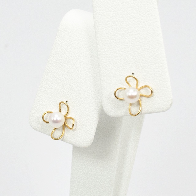 K18 YG 淡水パール ゴールド フラワーモチーフ ピアス 一点もの ps070