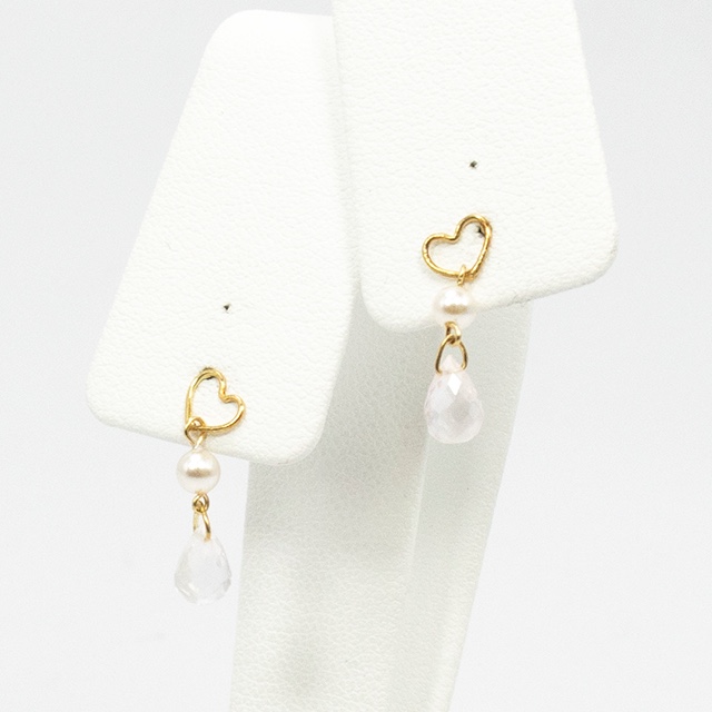 K18 YG ゴールド ハート 淡水パール ローズクォーツ ティアドロップ ブリオレットカット ピアス 一点もの しずく
