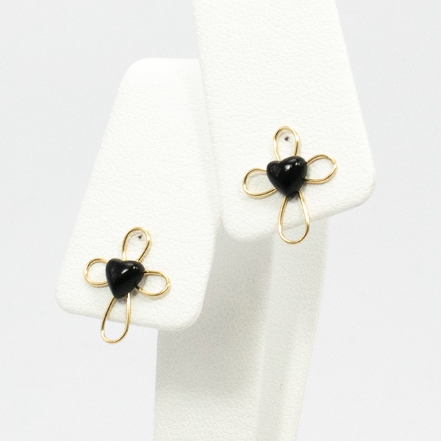 K18 YG オニキス ハート ゴールド クロスモチーフ ピアス 一点もの 18金 Pe497-4