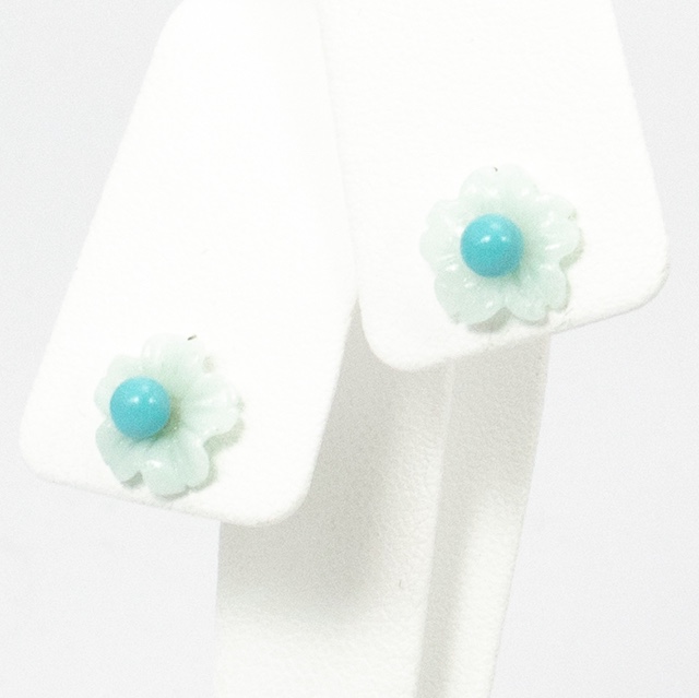 K10 YG クォーツサイト フラワーモチーフ アリゾナ産ターコイズ ピアス 一点もの 10金 Pe487-1