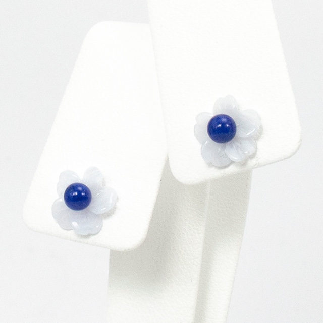 K10 YG カルセドニー フラワーモチーフ ブルーメノウ ピアス 一点もの 10金 Pe487-2