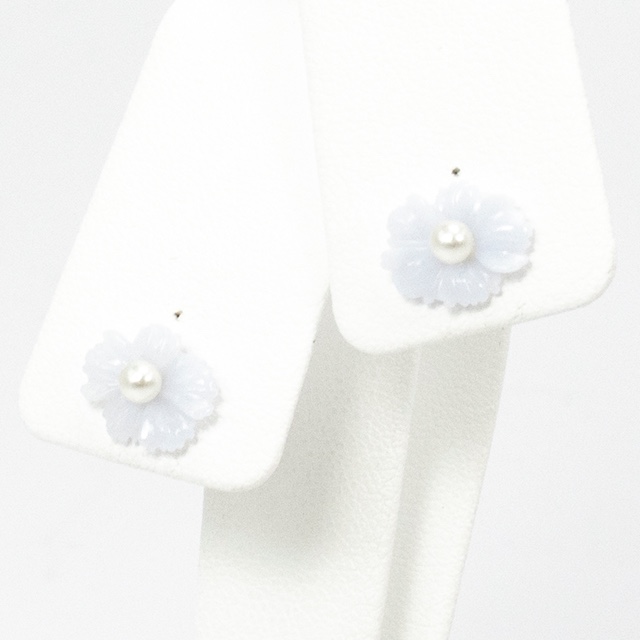 K10 YG カルセドニー フラワーモチーフ 淡水パール ピアス 一点もの 10金 Pe495