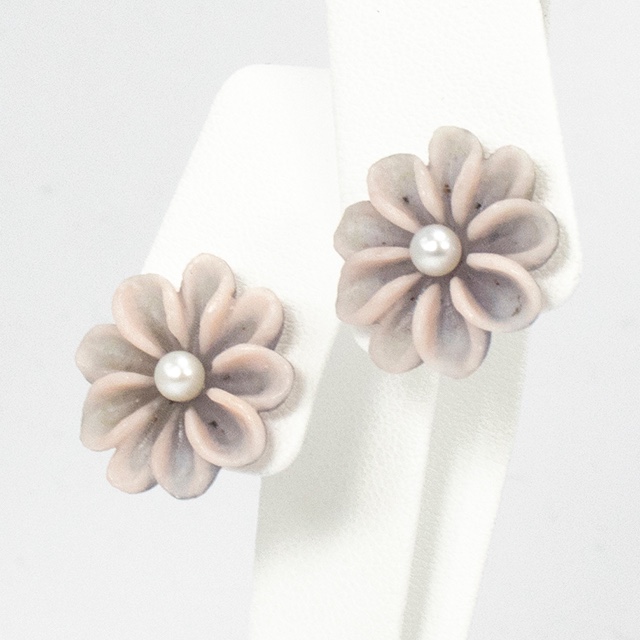 K10 YG ラベンダーアベンチュリン フラワー 淡水パール ピアス 一点もの 10金 Pe483-3