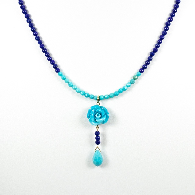 ターコイズローズ＊K18 ターコイズ ラピスラズリ ローズ ティアドロップ ネックレス トルコ石 33978-166