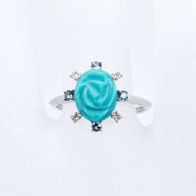 K18 WG ターコイズ ローズカメオ ゴールド リング サファイヤ ダイヤモンド 薔薇  トルコ石 61545-366