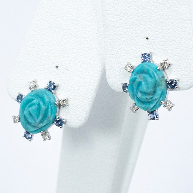 K18 WG ターコイズ ローズカメオ ゴールド ピアス サファイヤ ダイヤモンド 薔薇  トルコ石 82042-336