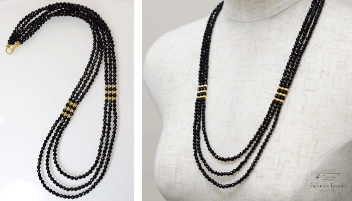 K18YG オニキス三連ロングネックレス　n1135