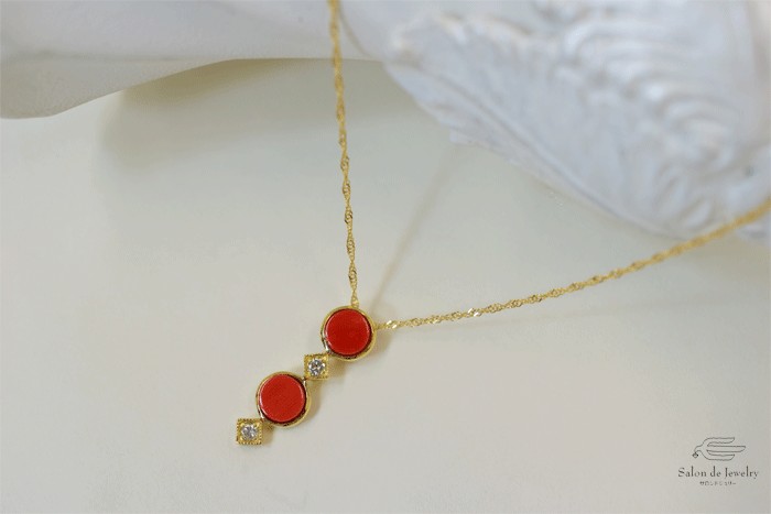 K18YG 赤珊瑚ダイヤモンドペンダントネックレス　41585-171