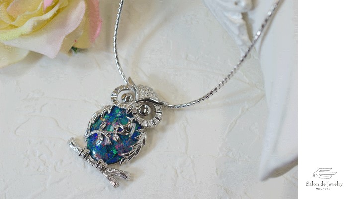 シルバー925 モザイクオパール森の哲学者フクロウネックレス　41534-738