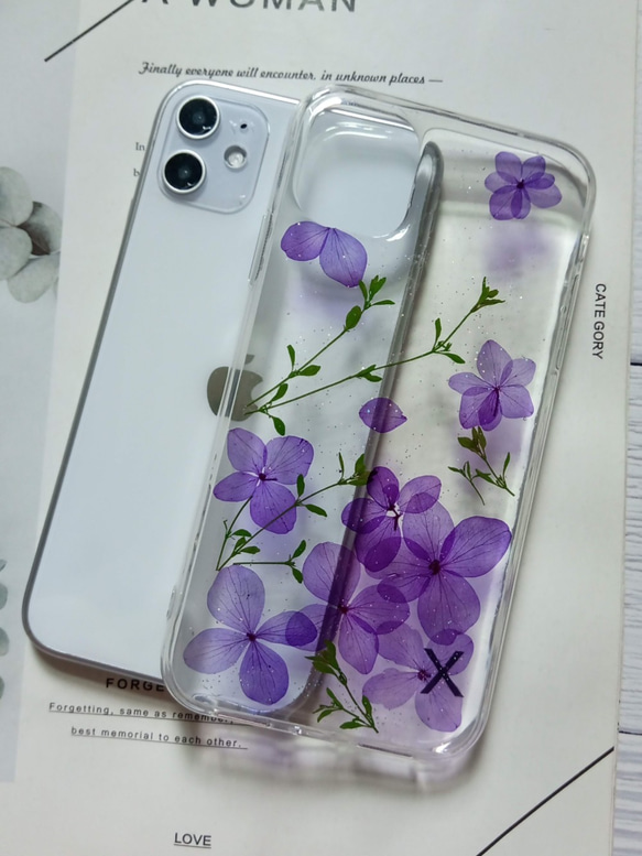 手作押花手機殼，適用於Apple iPhone 11, 紫色繡球花 第2張的照片