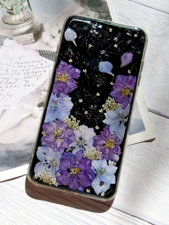 Apple iPhone 8 Plus、Purple Delphinium用の手作りのプレス電話ケース 5枚目の画像