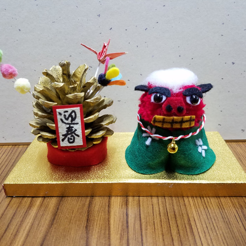 正月飾り おしゃれ 玄関 置物_ダンシング獅子舞 レッド 図太く 1
