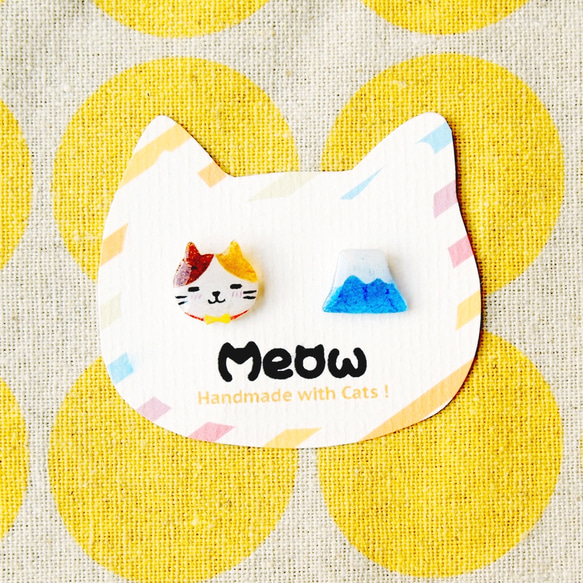 Meow Cat Neko 原創手作貓貓和富士山耳環 (貓貓頭和富士山為一對) 可改夾式 第2張的照片