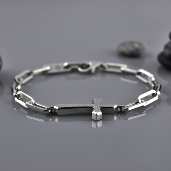 Sterling Silver Cross Bracelet With Oval Links,SV925 2枚目の画像