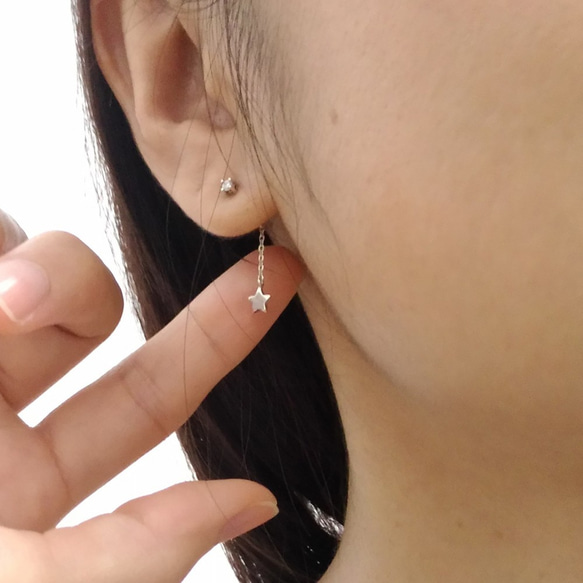 Sterling Silver Tiny Star Drop Through and Through Earrings 1枚目の画像