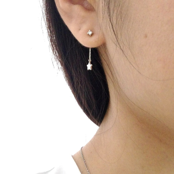 Sterling Silver Tiny Star Drop Through and Through Earrings 2枚目の画像