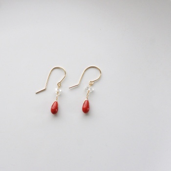 【14金GF】赤サンゴ×ハーキマーダイヤモンド ピアス・イヤリング