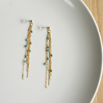 【14金GF】粒ターコイズ チェーンフリンジピアス・イヤリング
