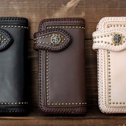 送料無料】本革 スタッズデザイン レザーウォレット 長財布