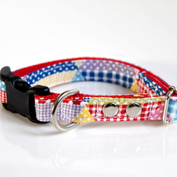 クレイジーパッチ　チェック×ドット×ストライプmix　　小型犬首輪&リードのセット　シルバー 2枚目の画像