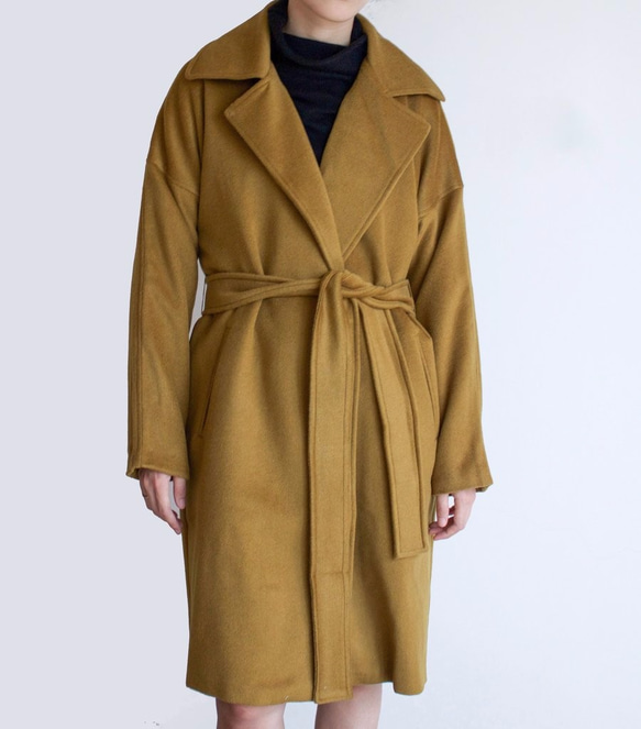 Chemin Coat橄欖綠喀什米爾綁帶羊毛大衣 第2張的照片