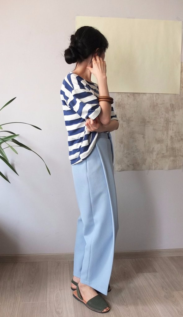 PIQUÉ CULOTTE PANTS 馬卡龍藍網眼質地寬摺褲 第2張的照片