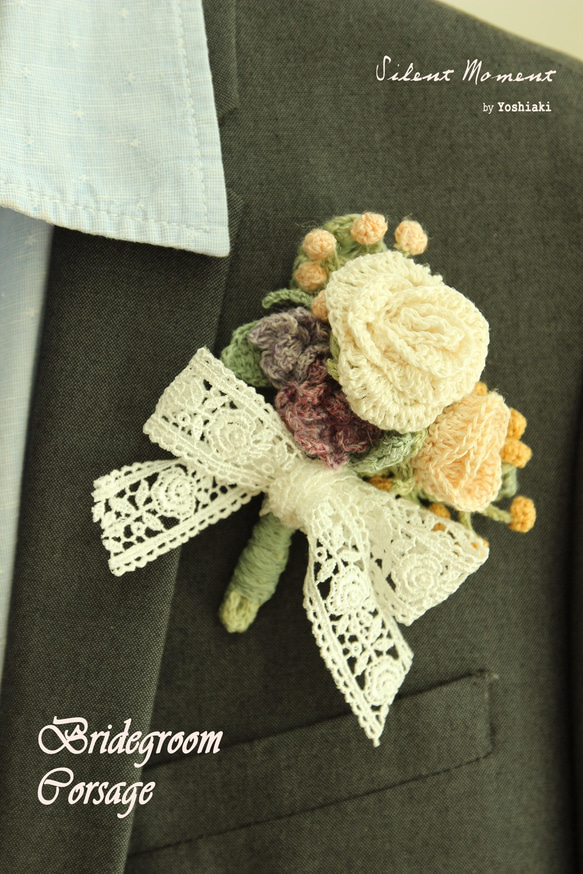 新郎襟花 鉤針編織 純白玫瑰花束 天然麻線 限量製作 第1張的照片
