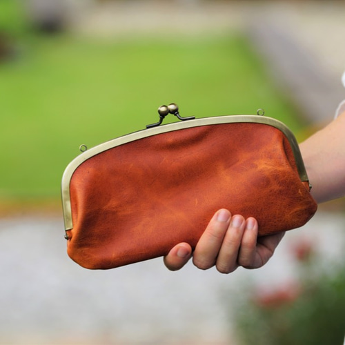 ちゅんこ　ハンドメイド本革親子がま口長財布 がま口 長財布 本革 親子がま口 財布 木玉 がま口長財布 小銭