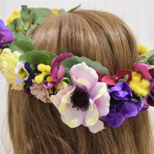 アネモネとカラフルフラワーの花かんむり ヘッドドレス（ウェディング 