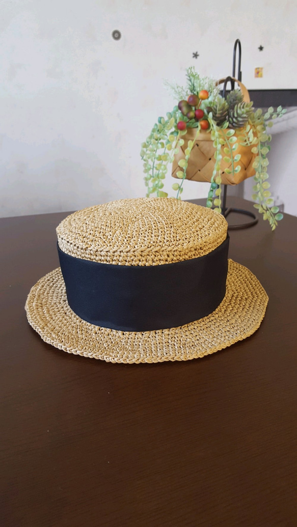 受注製作　57cm　カンカン帽　太枠リボン　汗取りテープ付き　 1枚目の画像