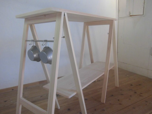キッチンカウンターテーブル（ステンレスバー＆棚付き）・作業台　/　キャンプギア（国産ひのき） 2枚目の画像