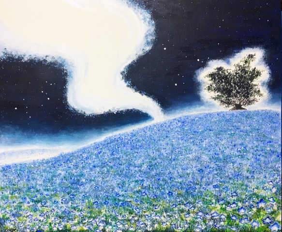 油絵 絵画【星空の花畑】 作品名】：油絵【星空のお花畑の富士山】 「星空のお花畑の