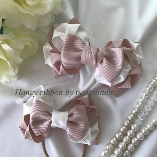 親子お揃い♡antique pink×white グログランリボン　ヘアゴム 親子お揃い♡antique pink×white グログランリボンヘアゴム