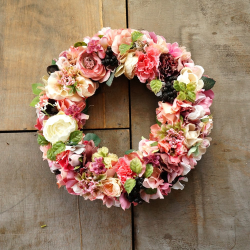 ピンクガーデンローズのアートフラワーリース リース atelier